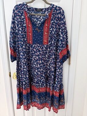 BloomChic Navy Blue and Red Floral Midi Dress with 3/4 Lantern Sleeves